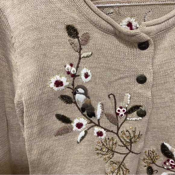 Coldwater Creek Beige Embroidered Chickadee Cardigan Coldwater Button Open - Picture 2 of 6